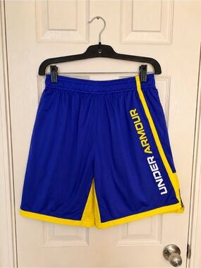 Under Armour Boys Blue Yellow Mesh Basketball Shorts Youth Large YLG Loose